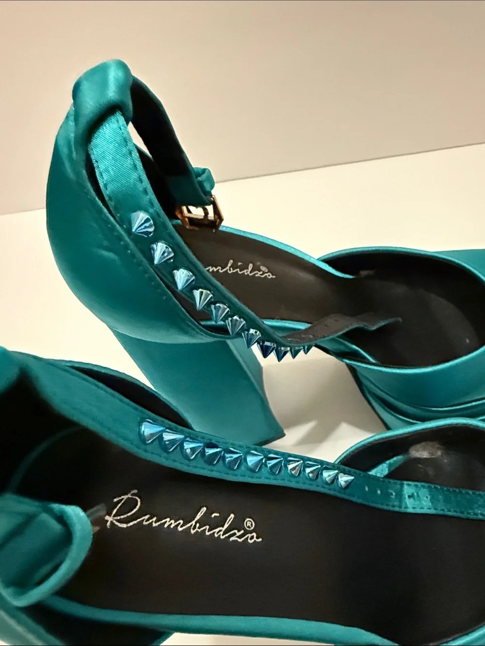 Satin Teal Platform Pumps with Ankle Strap